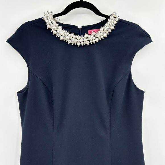 Betsey Johnson Pearl Rhinestone Collar Sheath Dress Sz 10 Navy Old Money Elegant - Picture 2 of 10